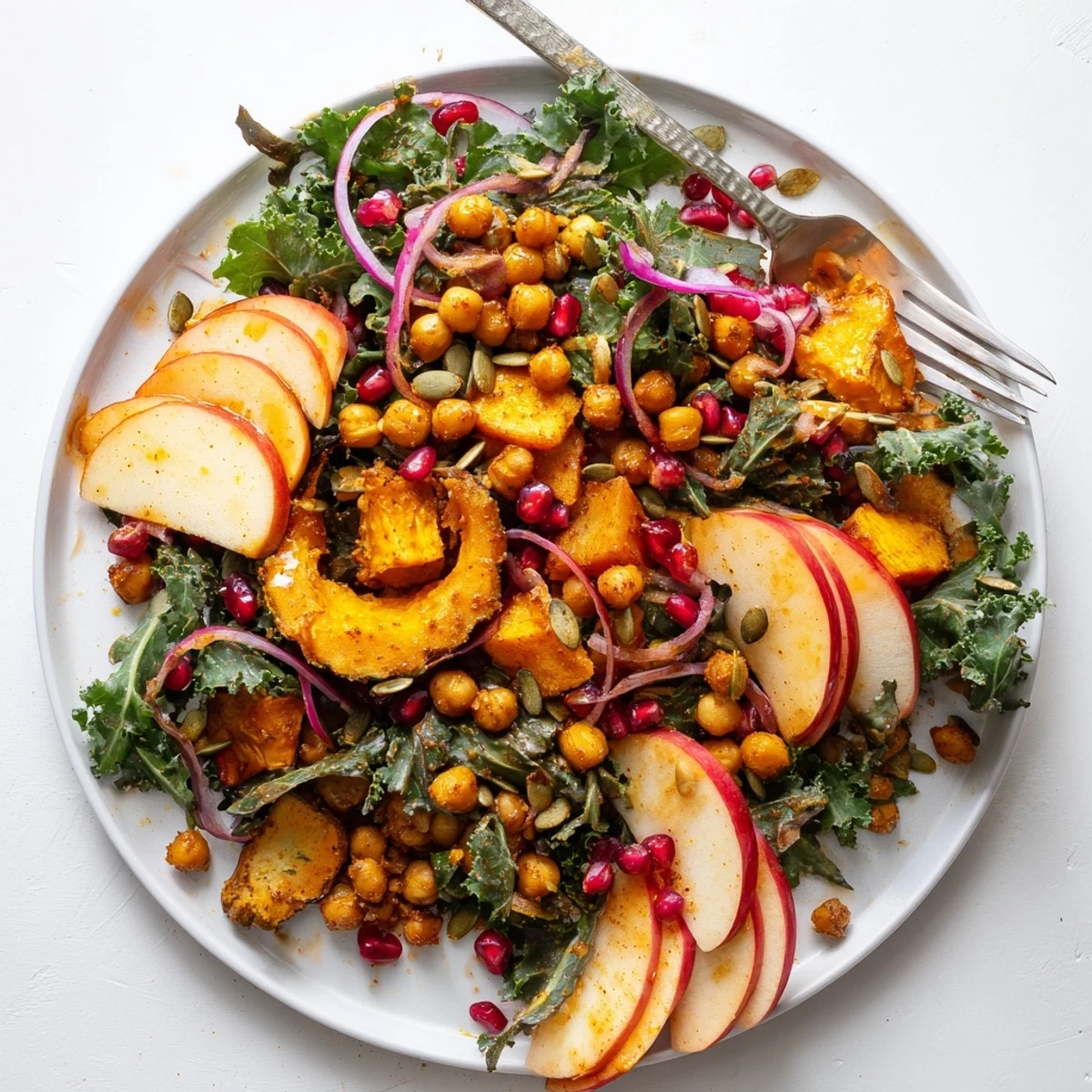 Hearty roasted chickpea fall salad arranged on a white plate featuring golden chickpeas, pomegranate seeds, apple slices, and pepitas
