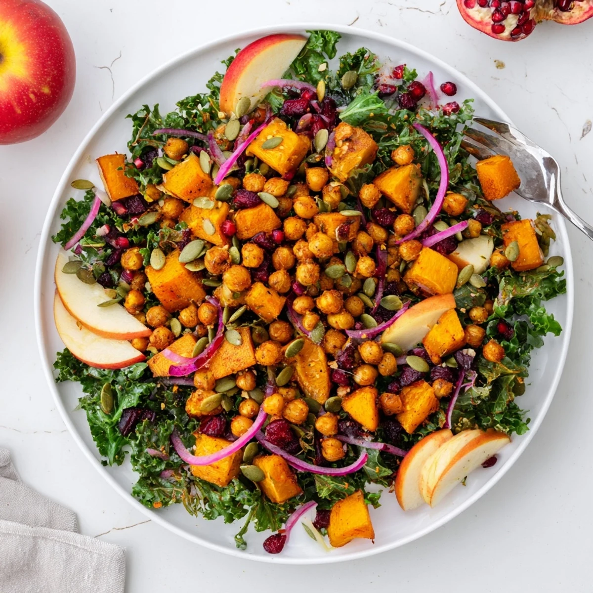 Vibrant roasted chickpea fall salad close-up showing crunchy seasoned chickpeas atop kale, roasted squash, and tangy maple mustard dressing