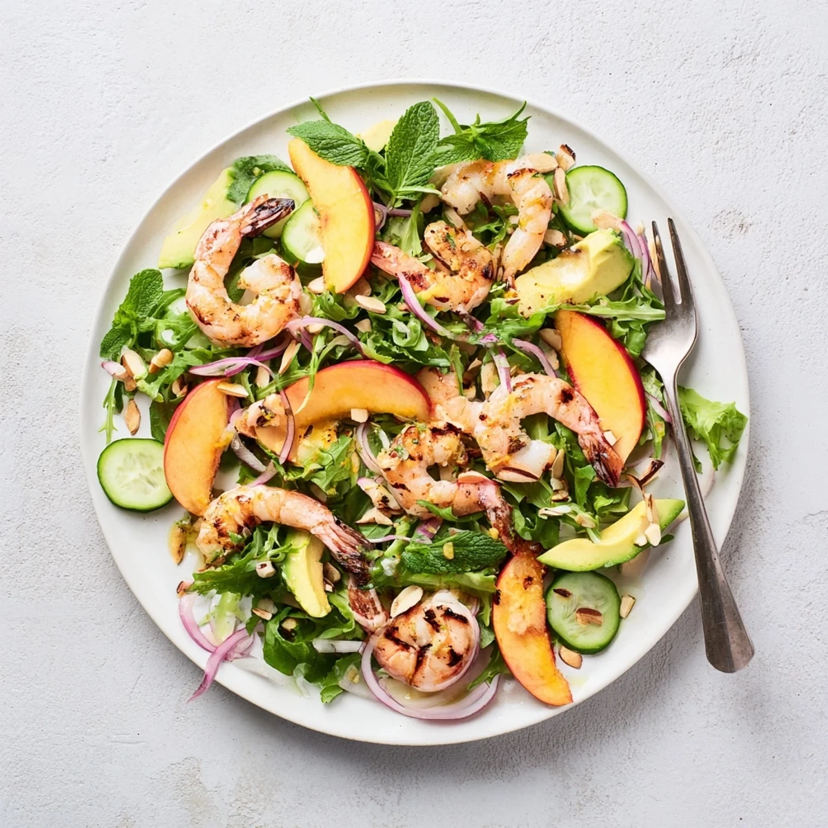Fresh shrimp and nectarine salad bowl with mixed greens, avocado, and zesty lime dressing