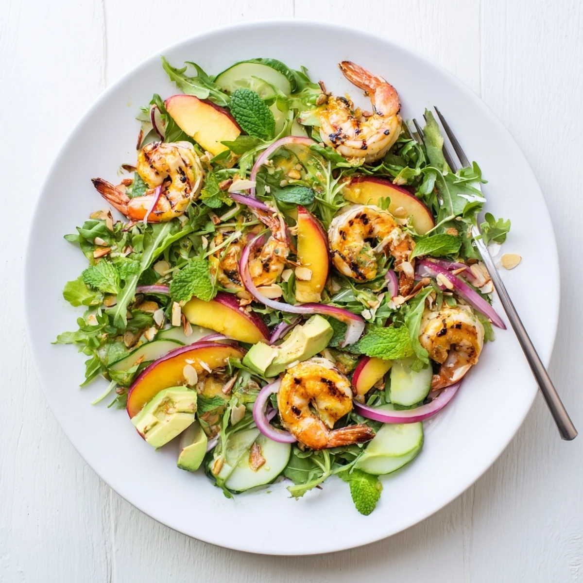 Pan-seared pink shrimp tossed with juicy sliced nectarines, crisp cucumber, and creamy avocado in citrus dressing