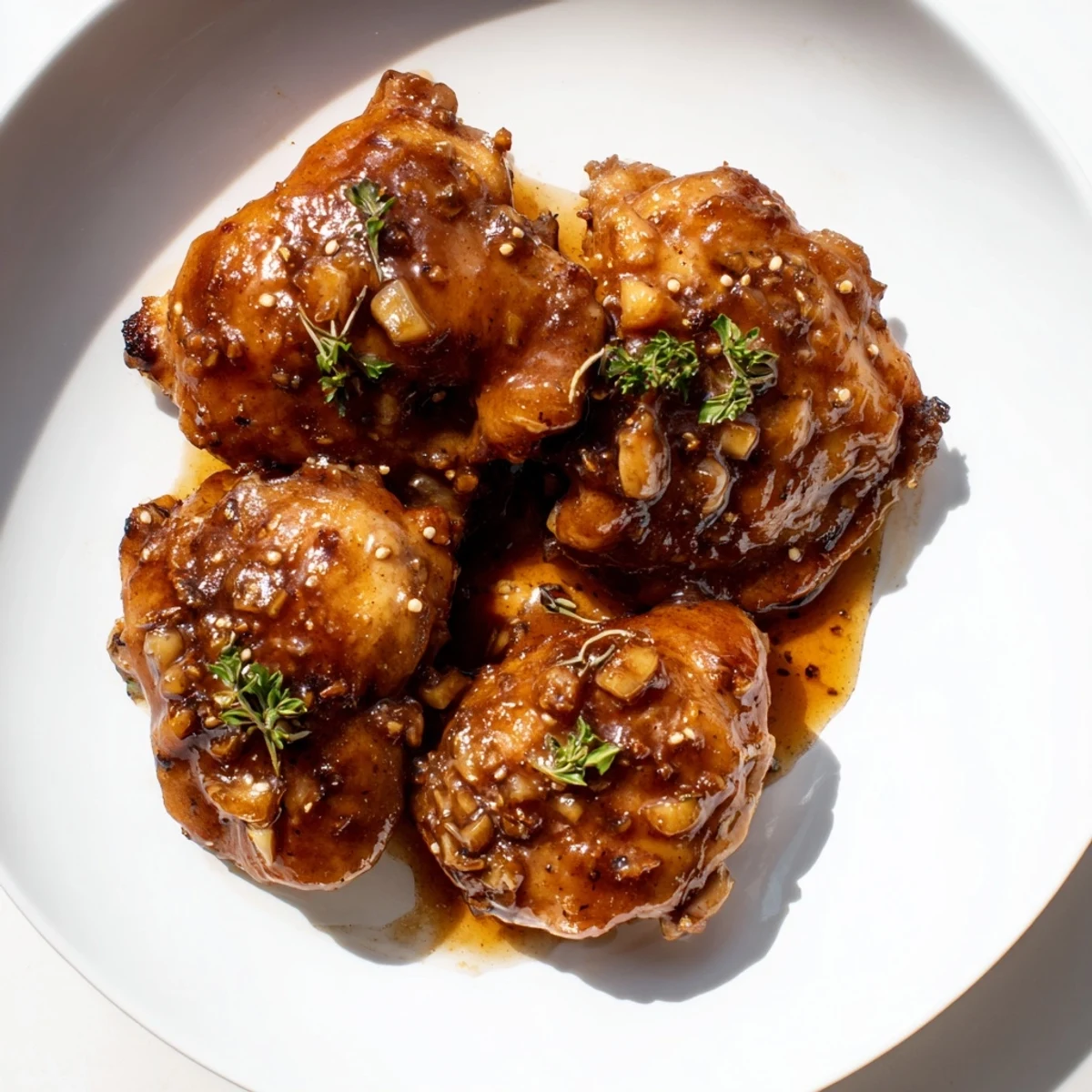 Golden brown chicken thighs coated in glossy apple cider sauce with fresh parsley garnish