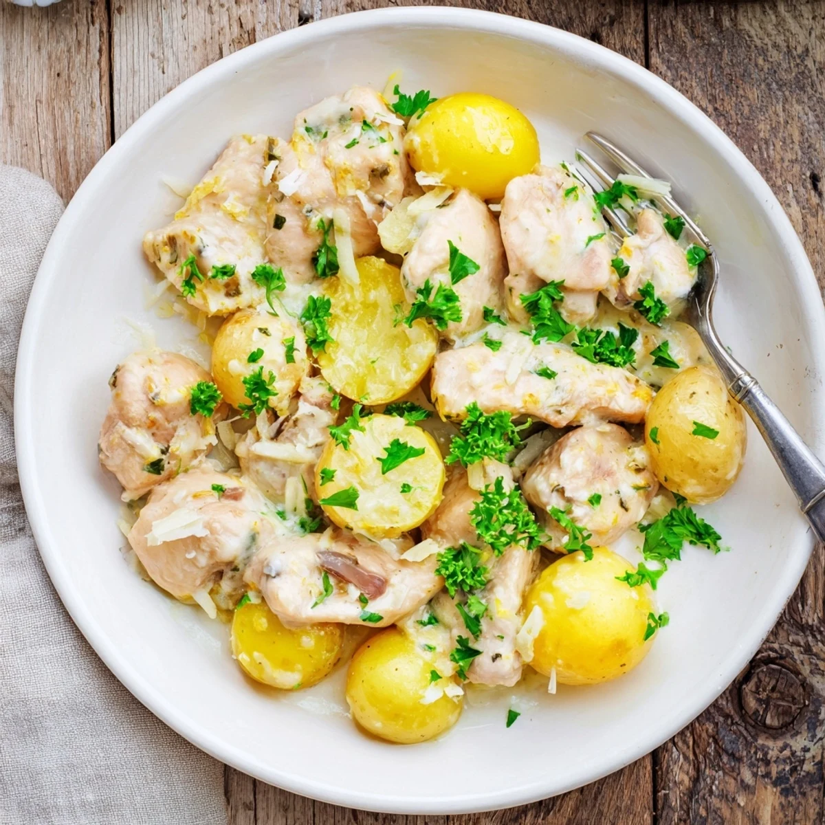 Golden slow cooker garlic parmesan chicken and potatoes served in a rich creamy sauce