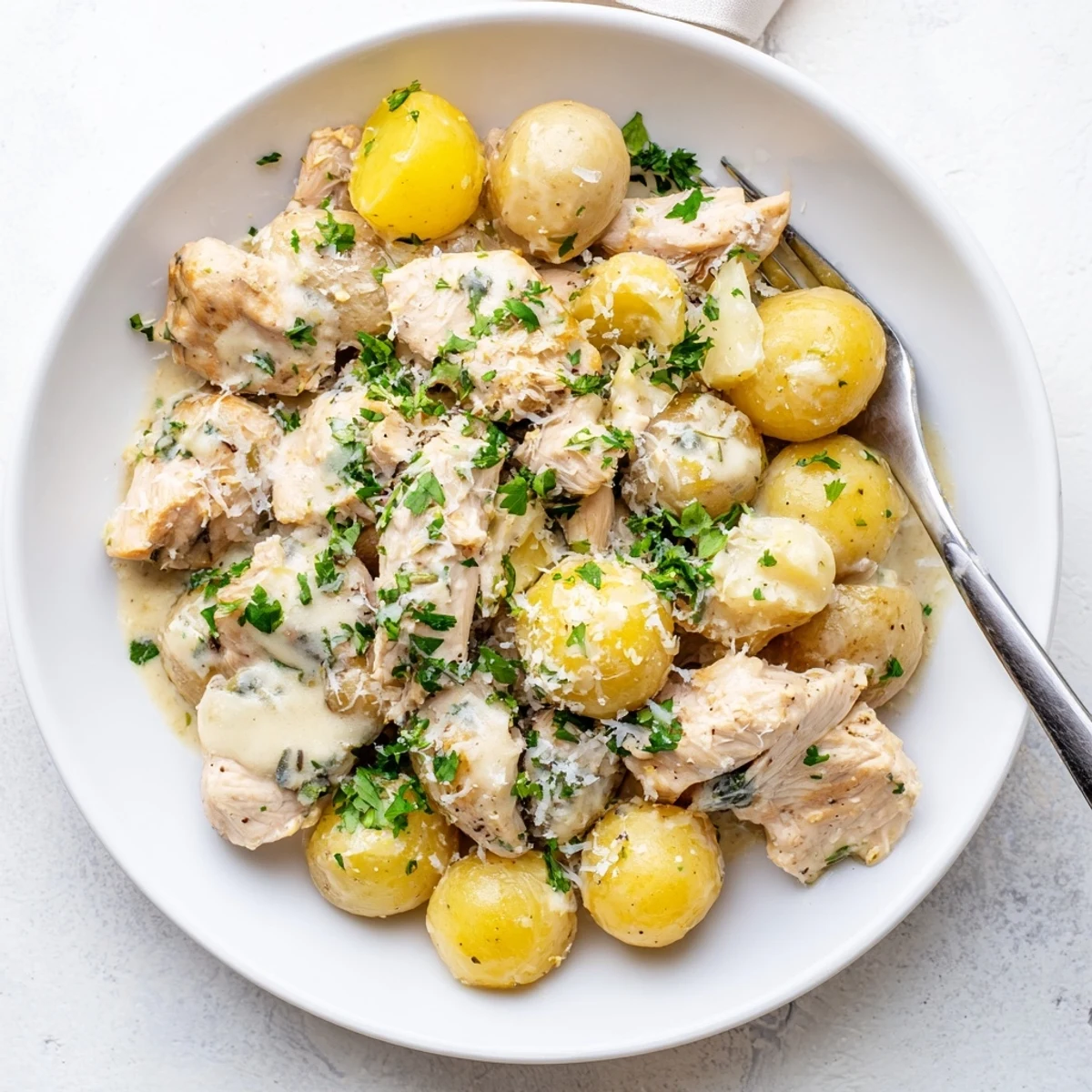 Tender chicken breasts nestled alongside baby potatoes in a savory garlic parmesan glaze