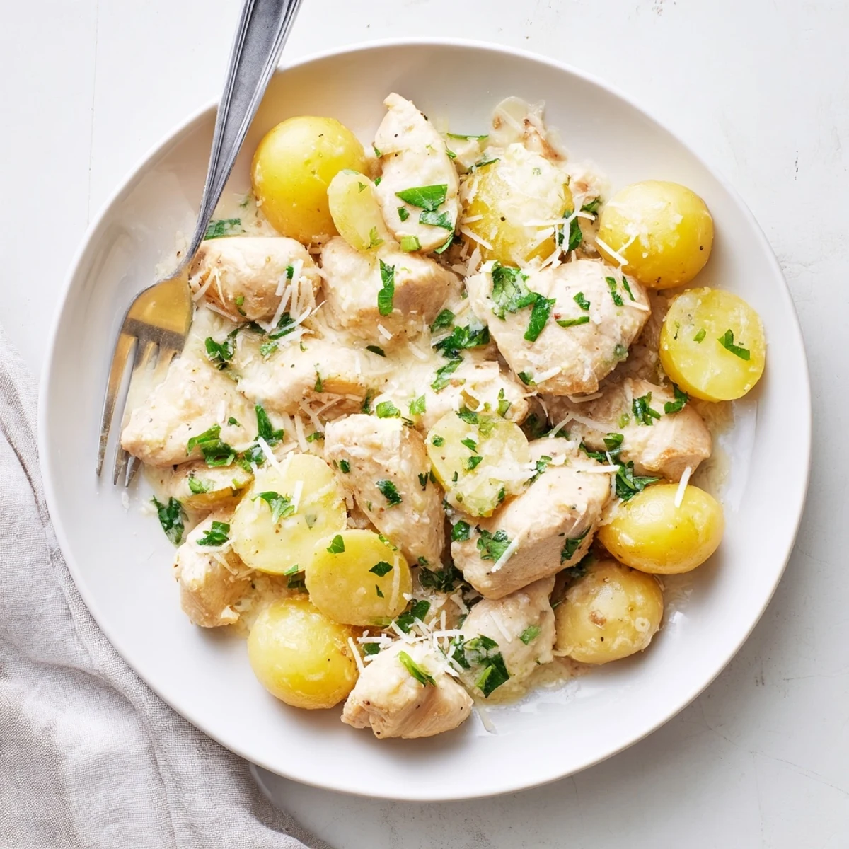 Creamy slow cooker garlic parmesan chicken and potatoes topped with fresh parsley and extra cheese