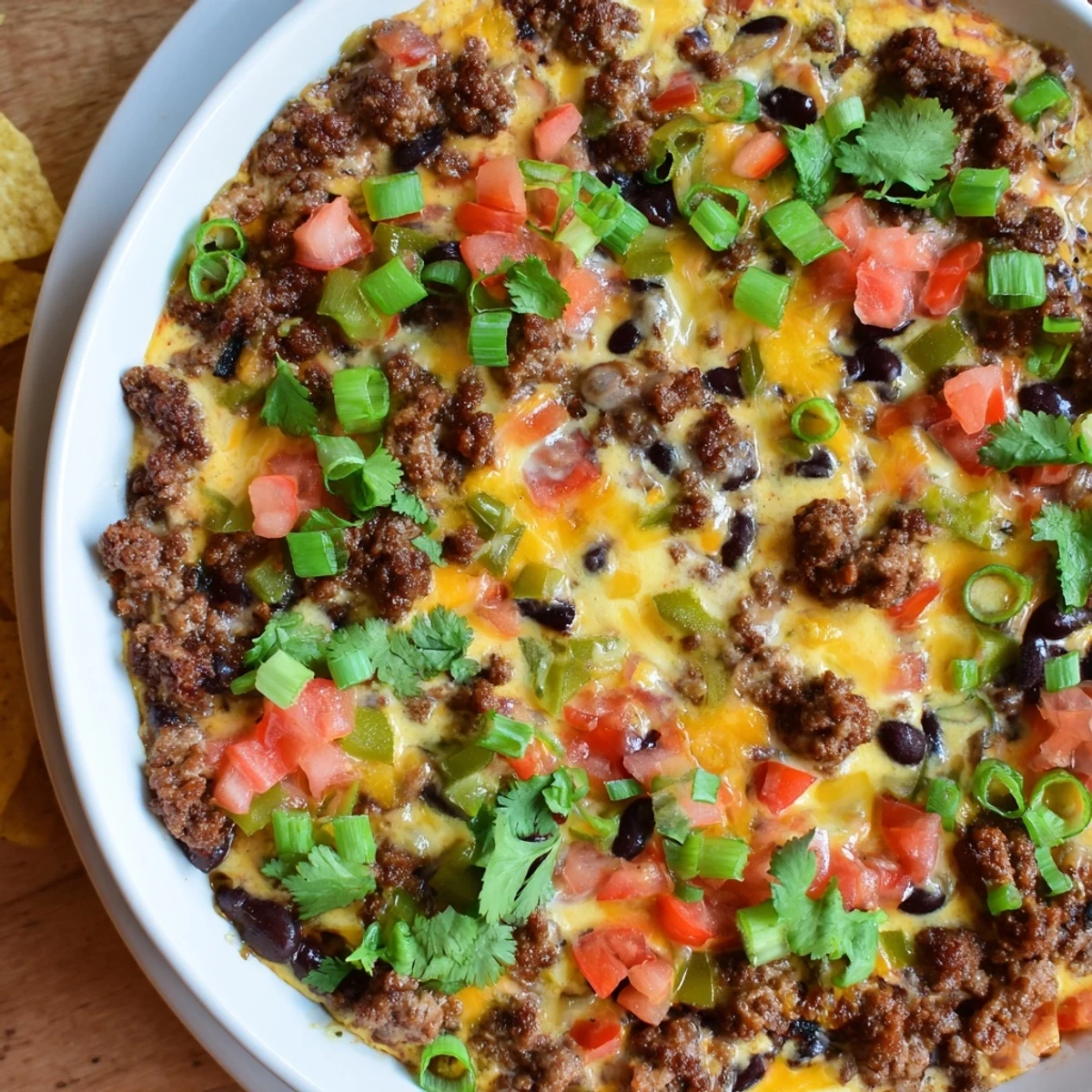 Creamy spicy cowboy queso dip topped with chorizo black beans and colorful diced peppers