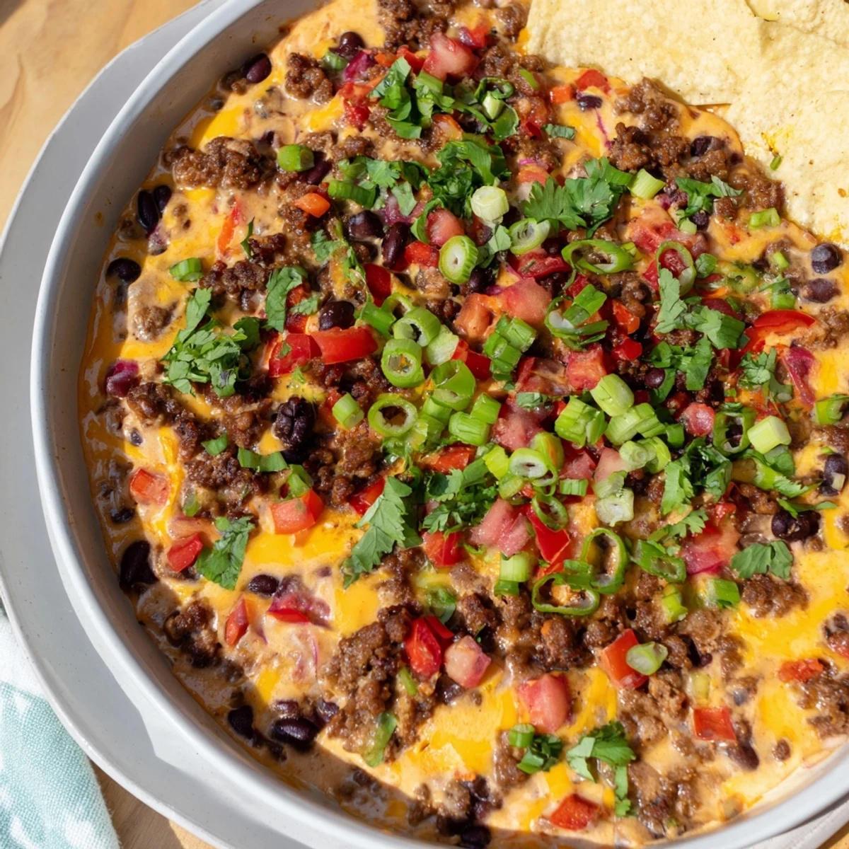 Rich spicy cowboy queso dip served warm in a bowl garnished with fresh green onions