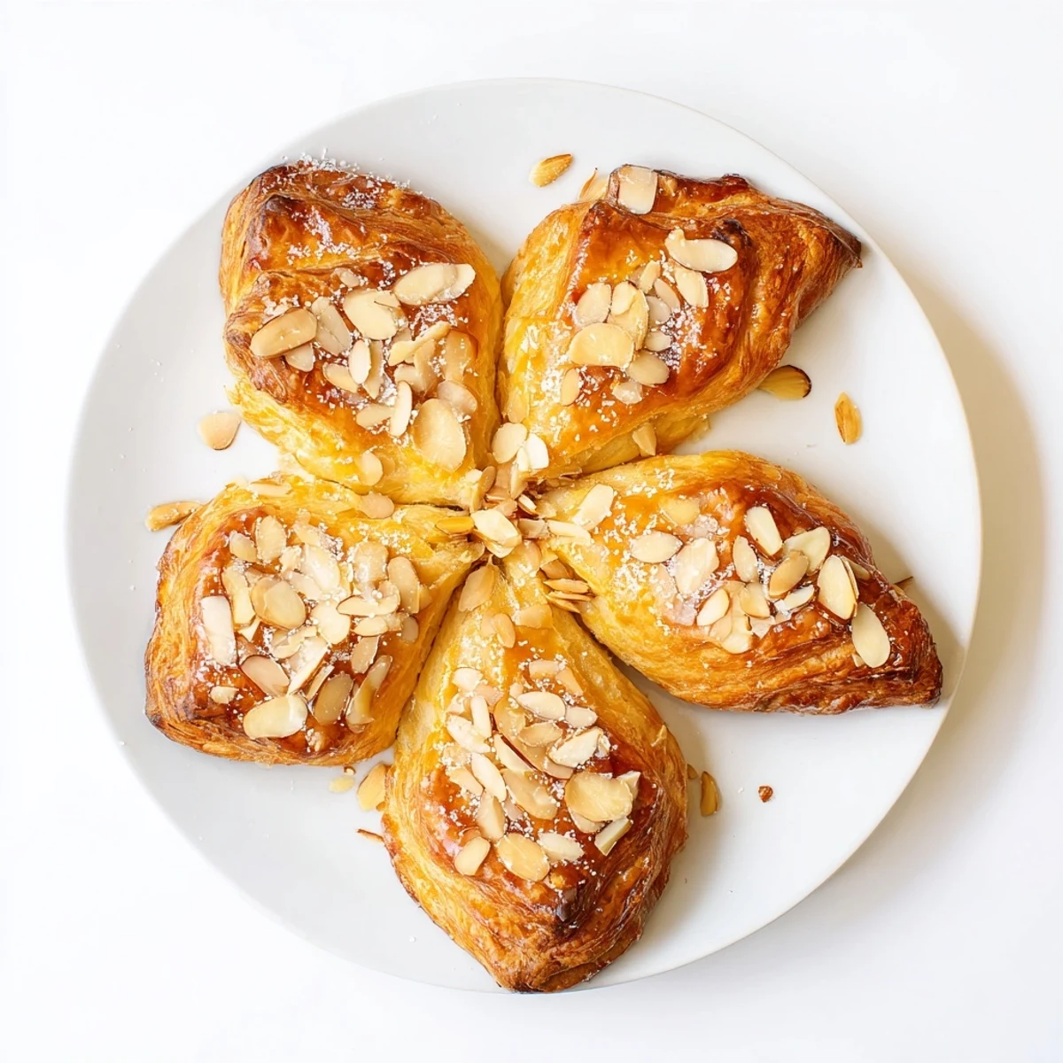 Golden brown almond bear claw pastry with sliced almonds on a rustic baking sheet