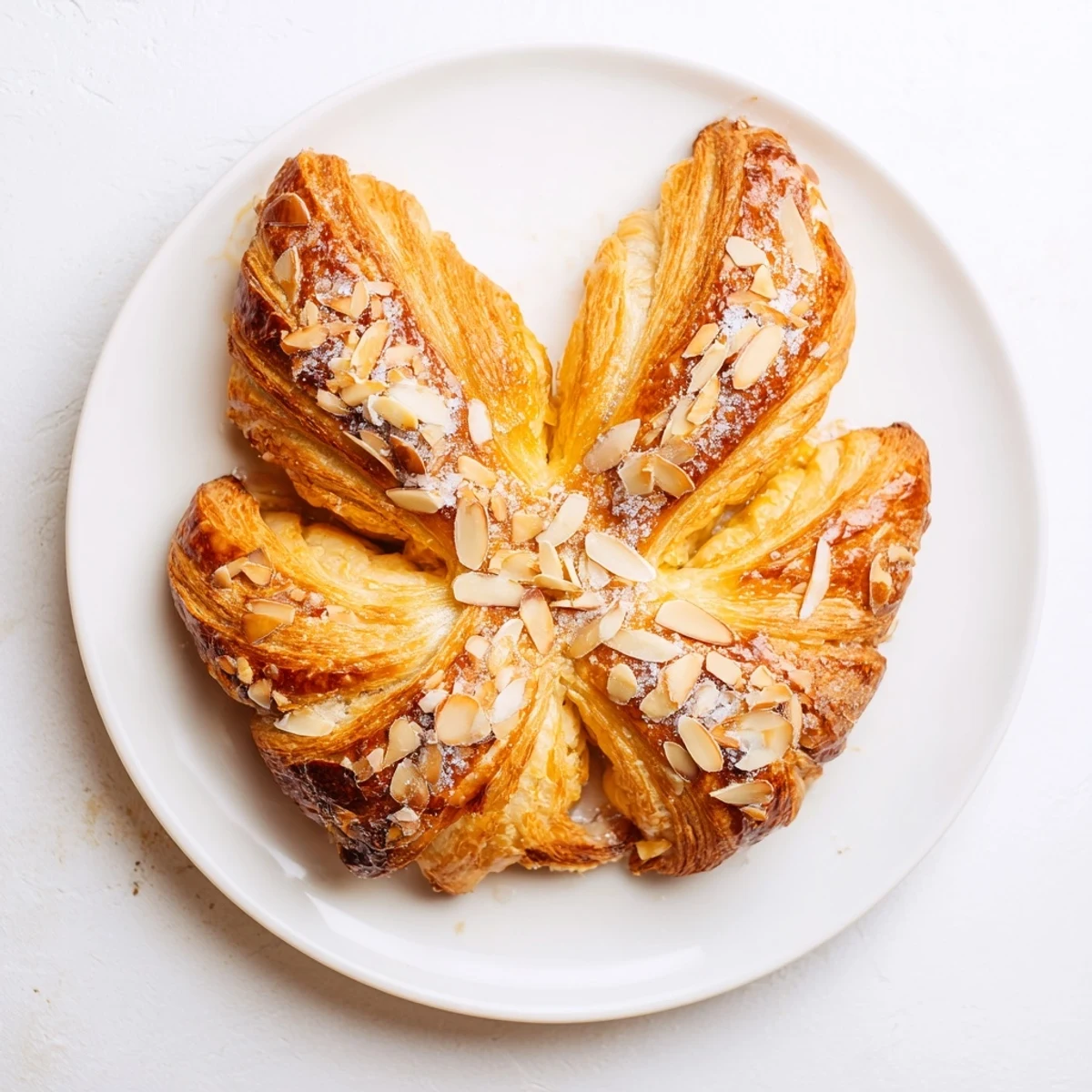 Buttery almond bear claw fresh from the oven with visible layers and almond coating