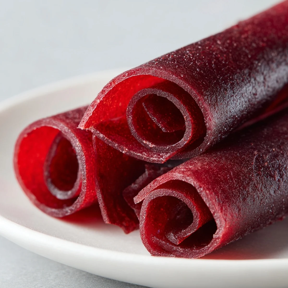 Chewy strawberry fruit leather strips rolled up in parchment paper for an easy healthy snack