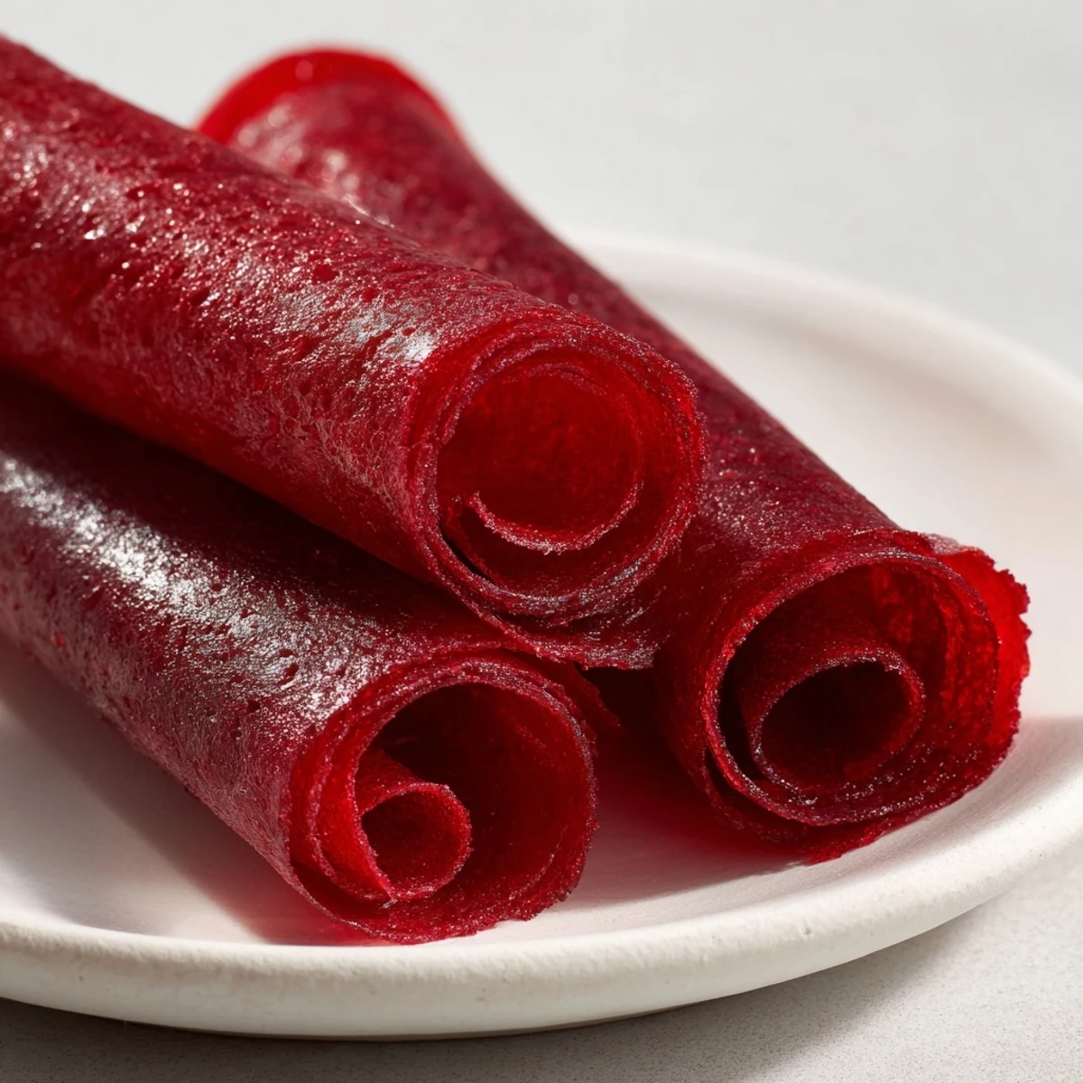 Vibrant red homemade fruit roll ups being cut into strips on a wooden cutting board