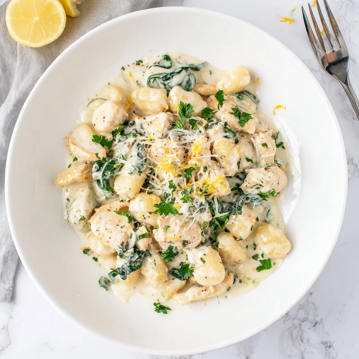 Golden chicken pieces and fluffy gnocchi swimming in a rich lemon cream sauce with wilted spinach