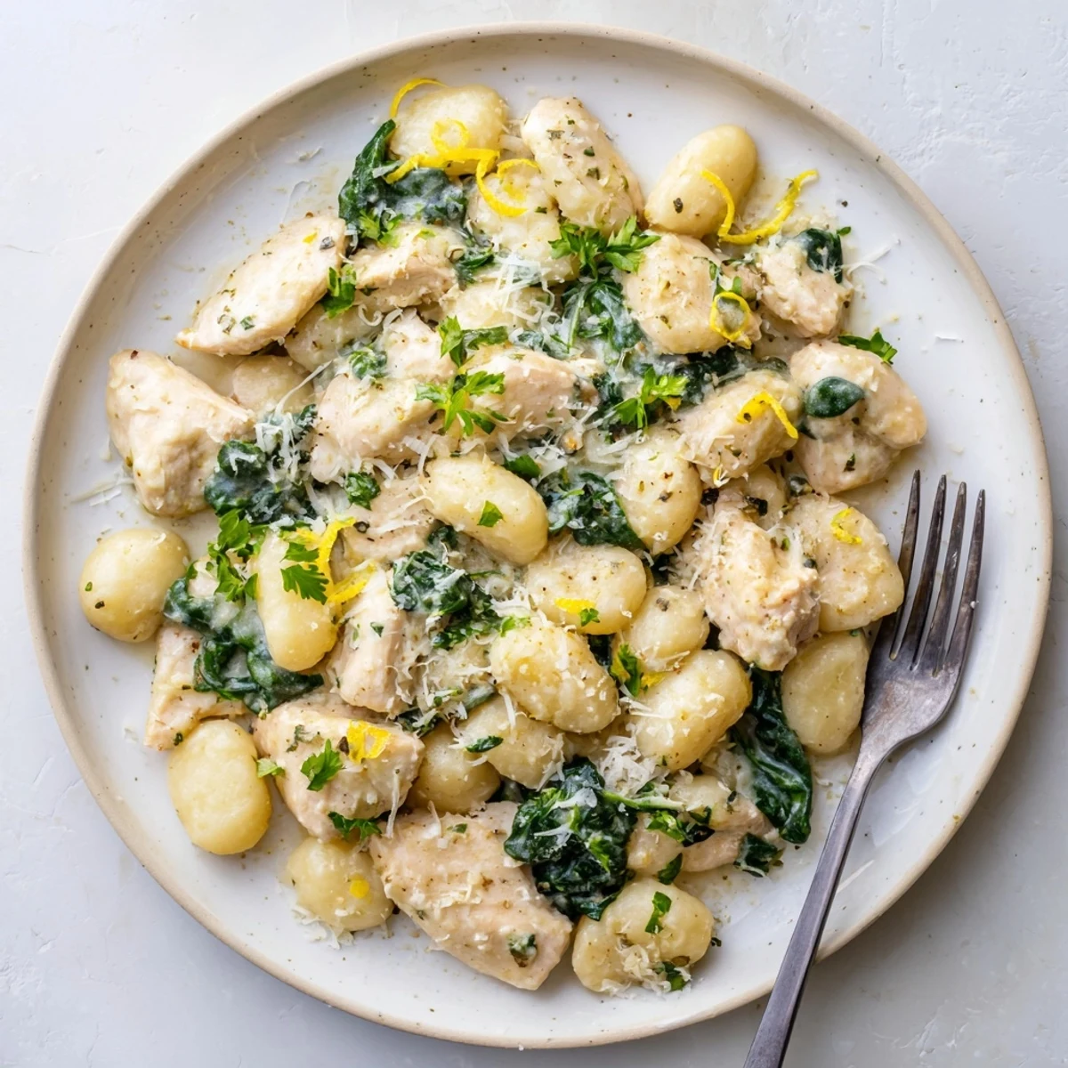 Creamy lemon chicken gnocchi plated in a white bowl topped with fresh parsley and grated Parmesan