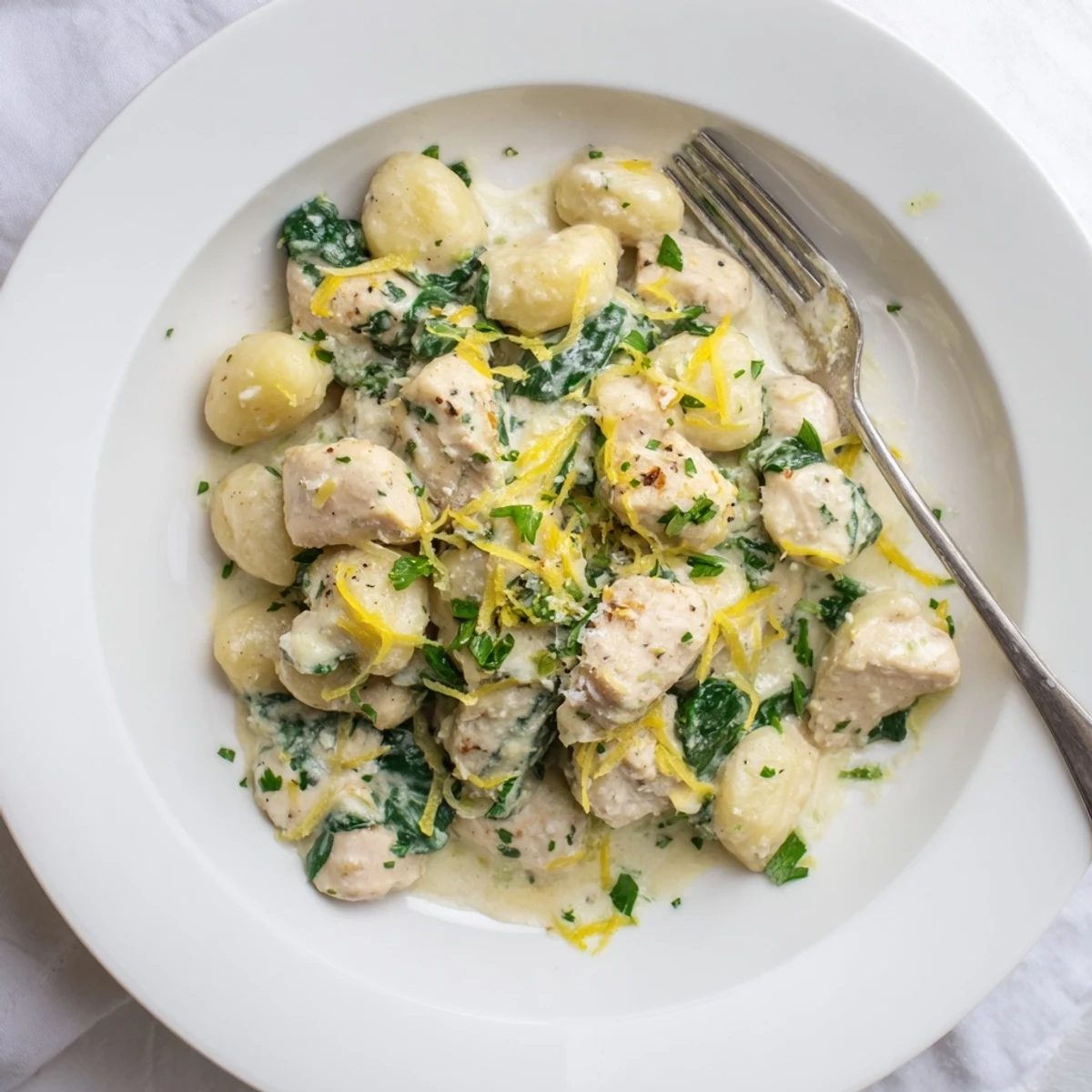 One-pan creamy lemon chicken gnocchi featuring tender pasta, bright citrus notes, and savory melted cheese