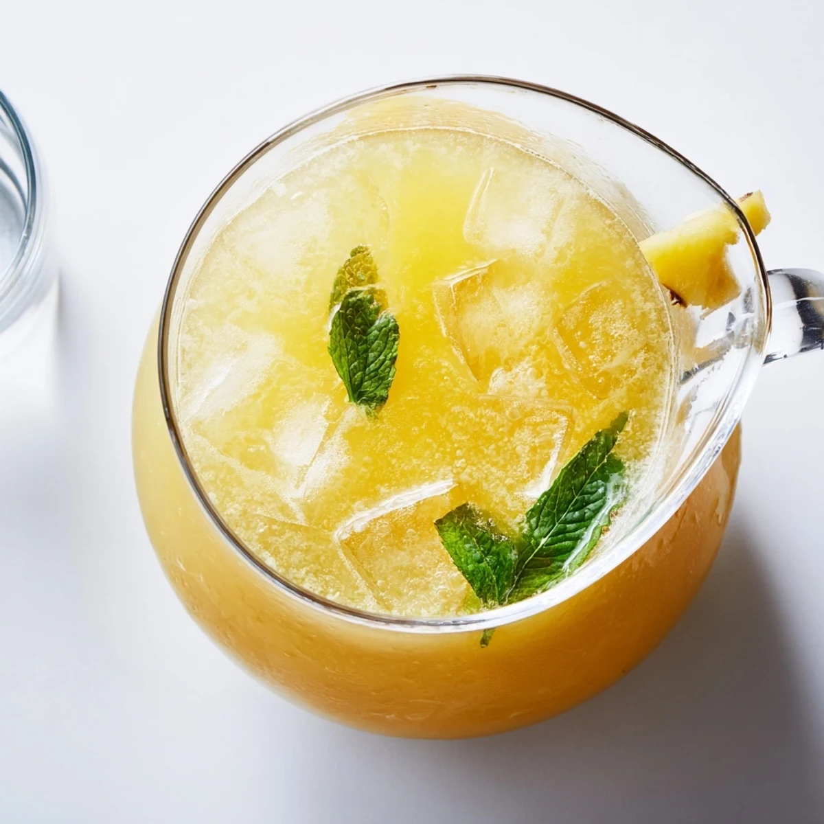Golden pineapple peach agua fresca poured over ice in a clear glass pitcher with fresh mint garnish