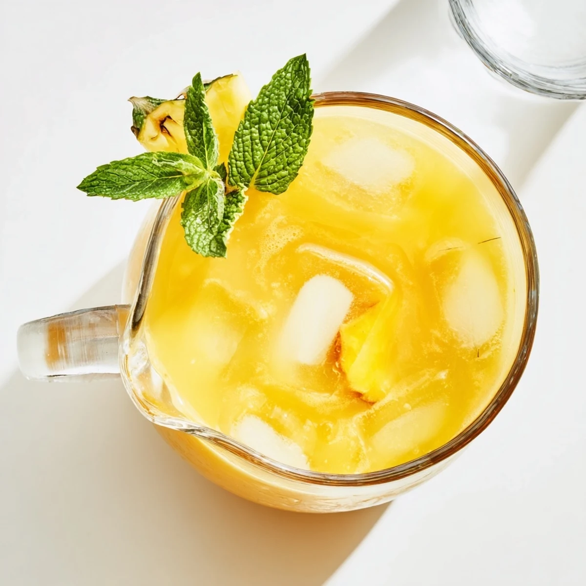 Tall glass of refreshing pineapple peach agua fresca with floating fruit slices and ice cubes on a wooden table