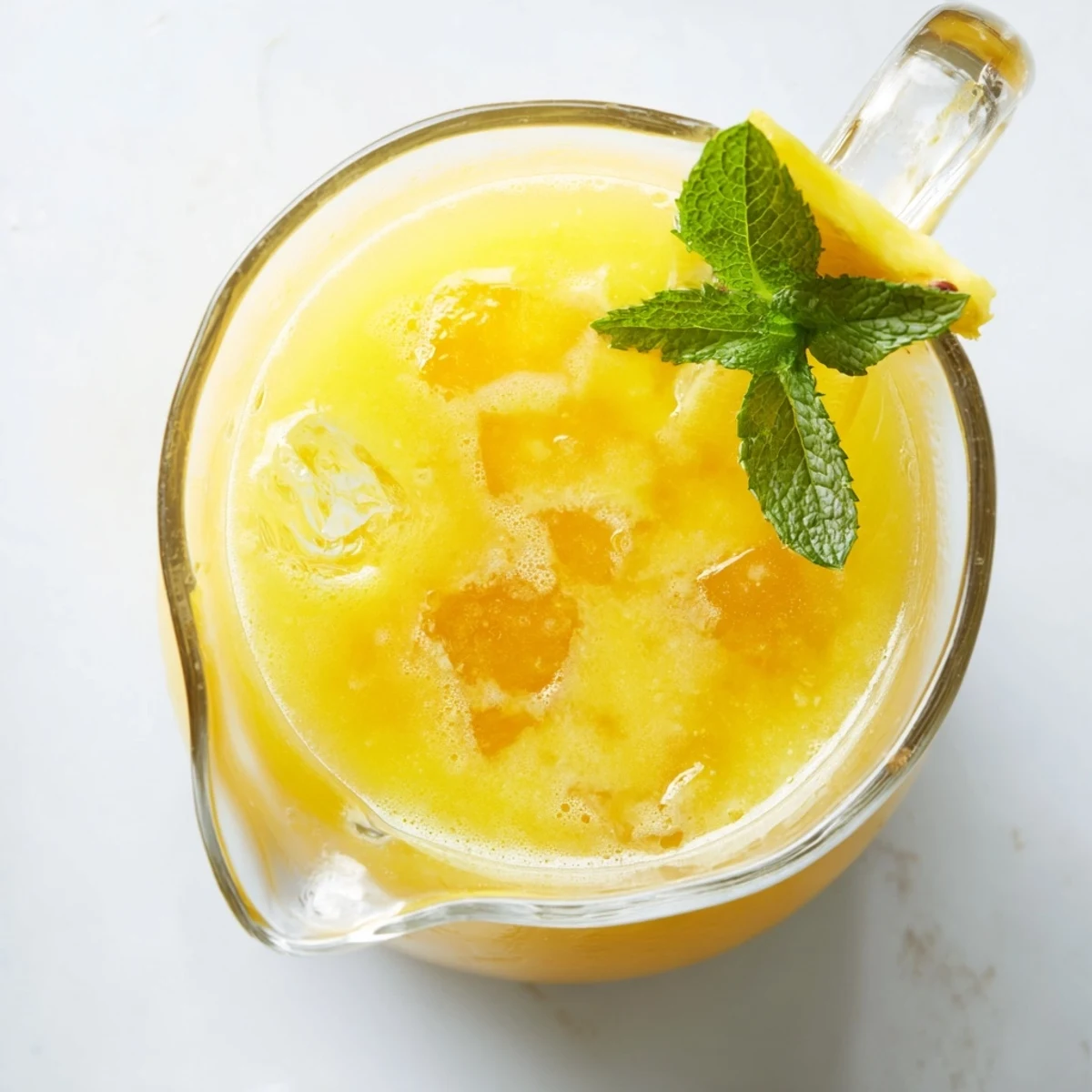 Creamy blended pineapple peach agua fresca in a mason jar topped with fresh peach wedge and mint sprig