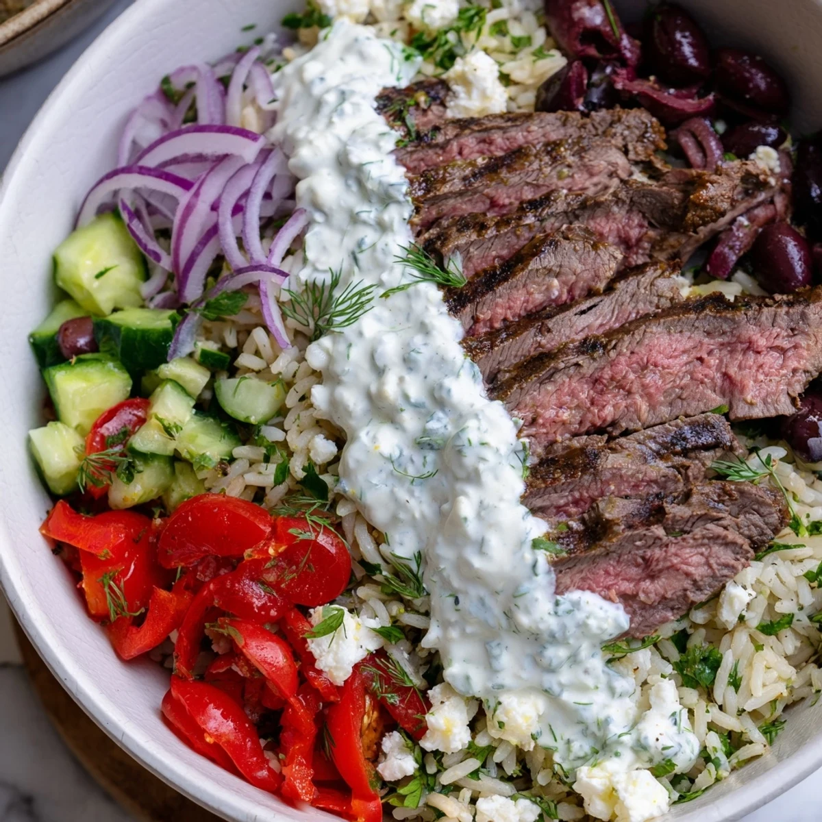 Colorful Mediterranean steak bowl with sliced grilled flank steak over herbed rice, fresh tomatoes, cucumber, olives, and crumbled feta cheese drizzled with creamy yogurt sauce