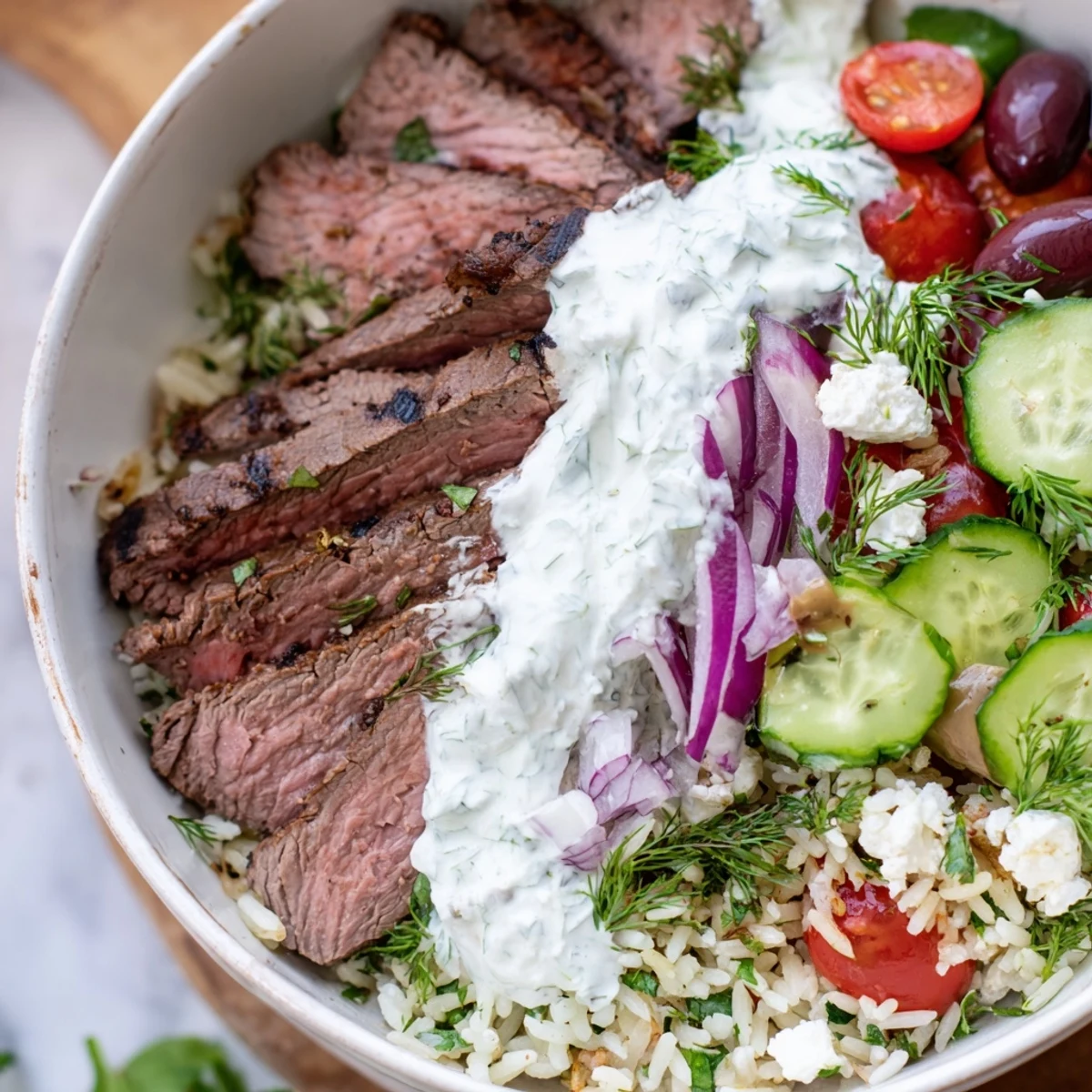 Protein-packed Mediterranean steak bowl featuring juicy grilled steak slices atop fluffy herb rice with vibrant vegetables and tangy Greek yogurt sauce