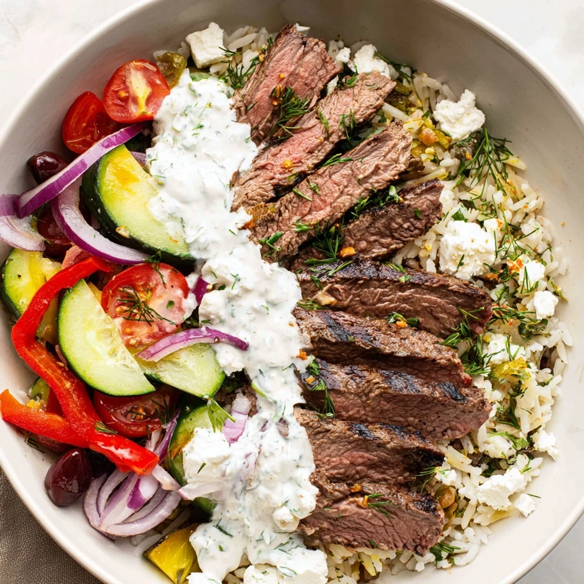 Mediterranean steak bowl with tender marinated grilled steak served over seasoned basmati rice with cherry tomatoes, cucumber, red onion, Kalamata olives, and feta