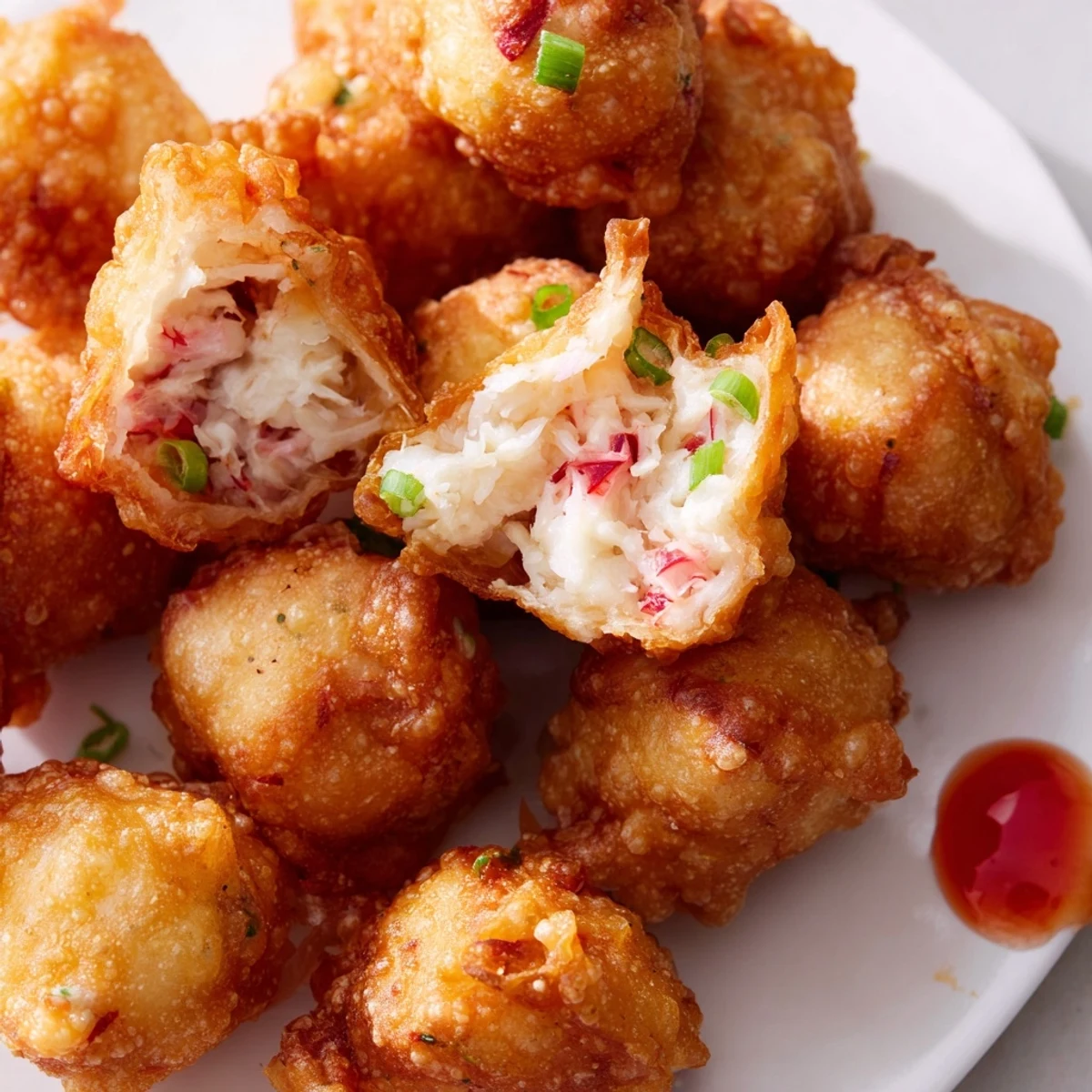 Golden brown Crab Rangoon Bombs frying in hot oil with crispy exteriors