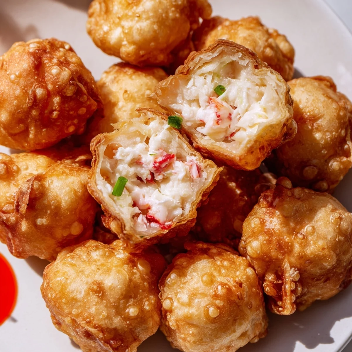 Basket of crispy Crab Rangoon Bombs garnished with fresh green onions