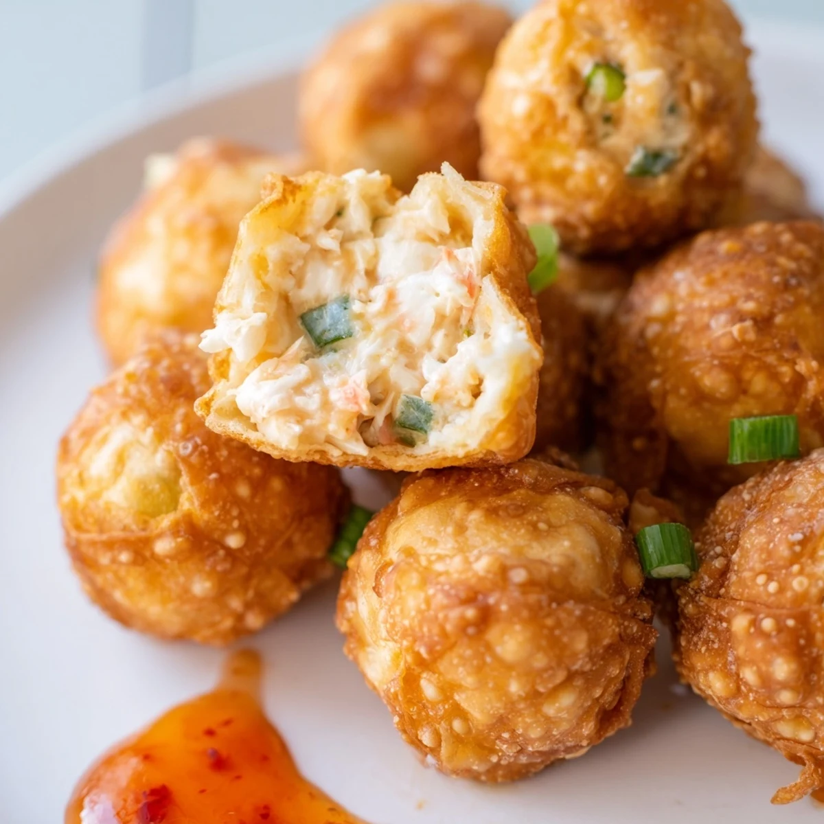 Plate of Crab Rangoon Bombs served with sweet chili dipping sauce and chives