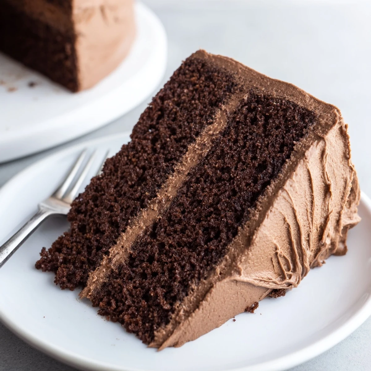 Decadent chocolate cake layered with silky buttercream frosting, garnished with chocolate shavings on a white serving plate.