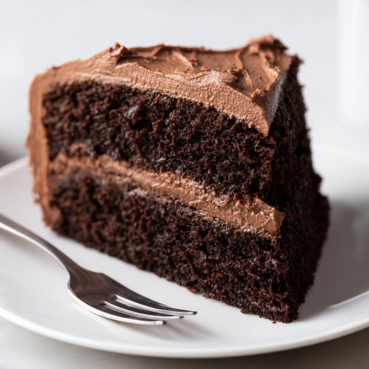 Moist chocolate cake slice revealing tender crumb, topped with rich chocolate frosting and fresh raspberries on a rustic wooden board.