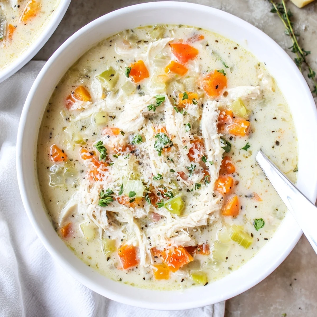 Creamy garlic Parmesan chicken soup garnished with fresh parsley and extra grated cheese in a white bowl