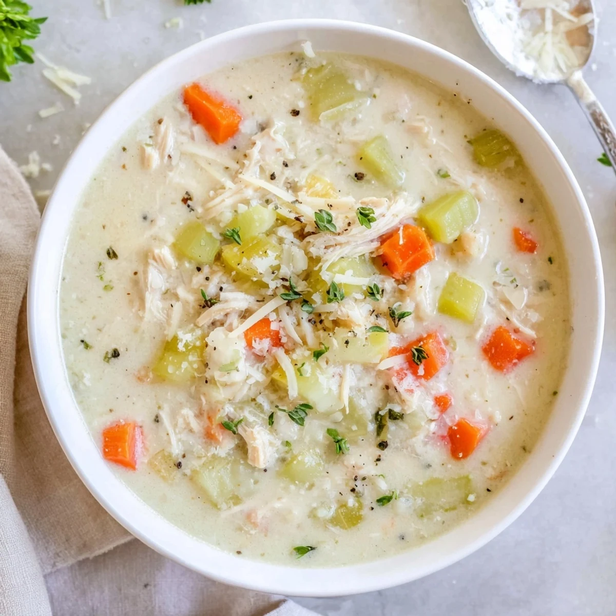 Comforting garlic Parmesan chicken soup ladled into rustic bowls topped with chopped parsley and Parmesan shavings