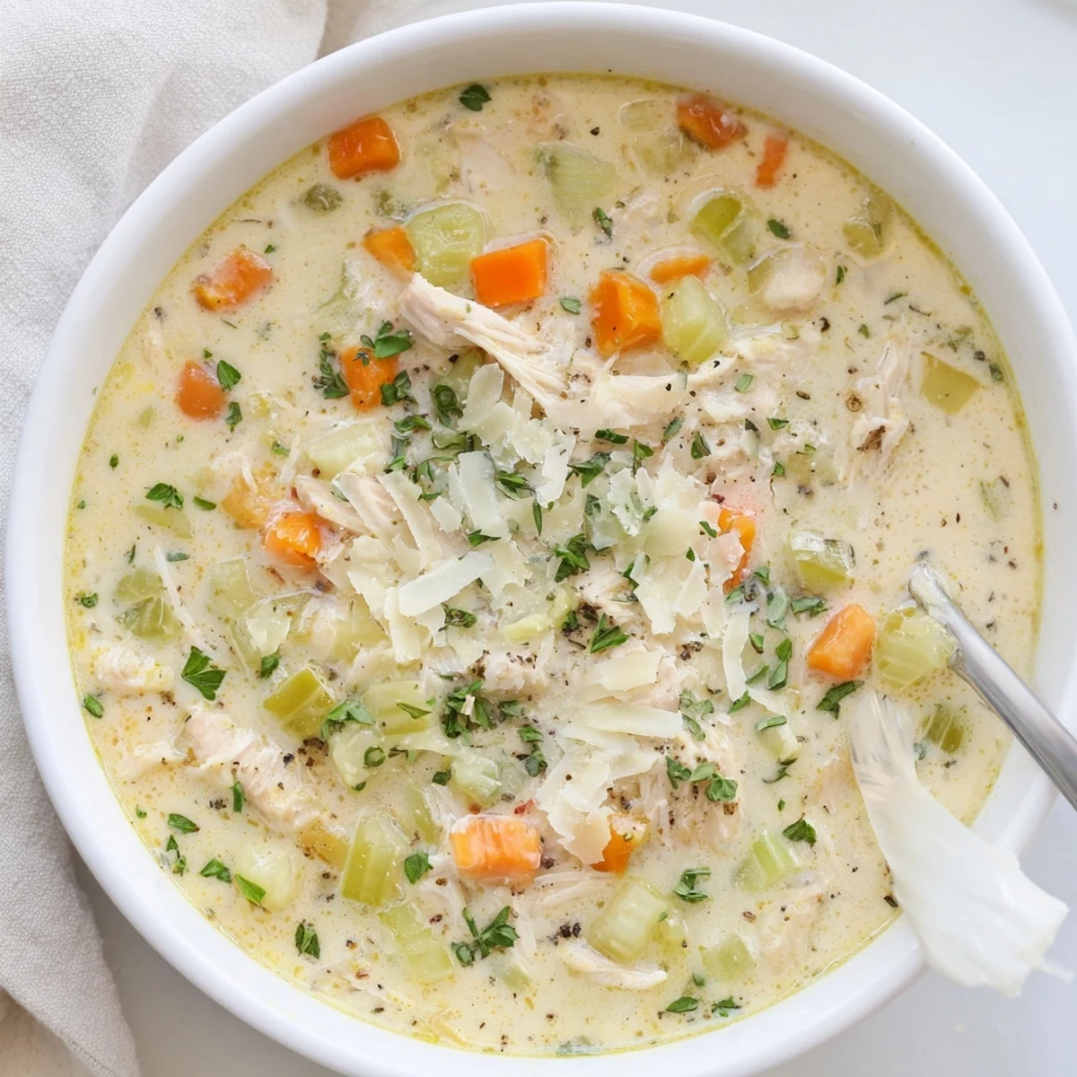 Golden garlic Parmesan chicken soup steaming hot with diced carrots, celery, and tender shredded chicken pieces