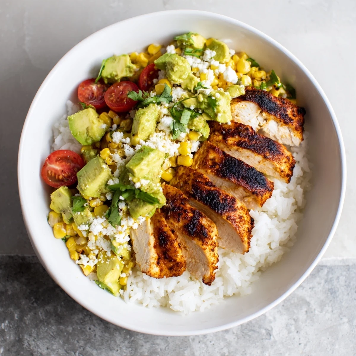 Colorful street corn chicken and rice bowl with grilled meat, creamy corn, avocado, and fresh cilantro toppings