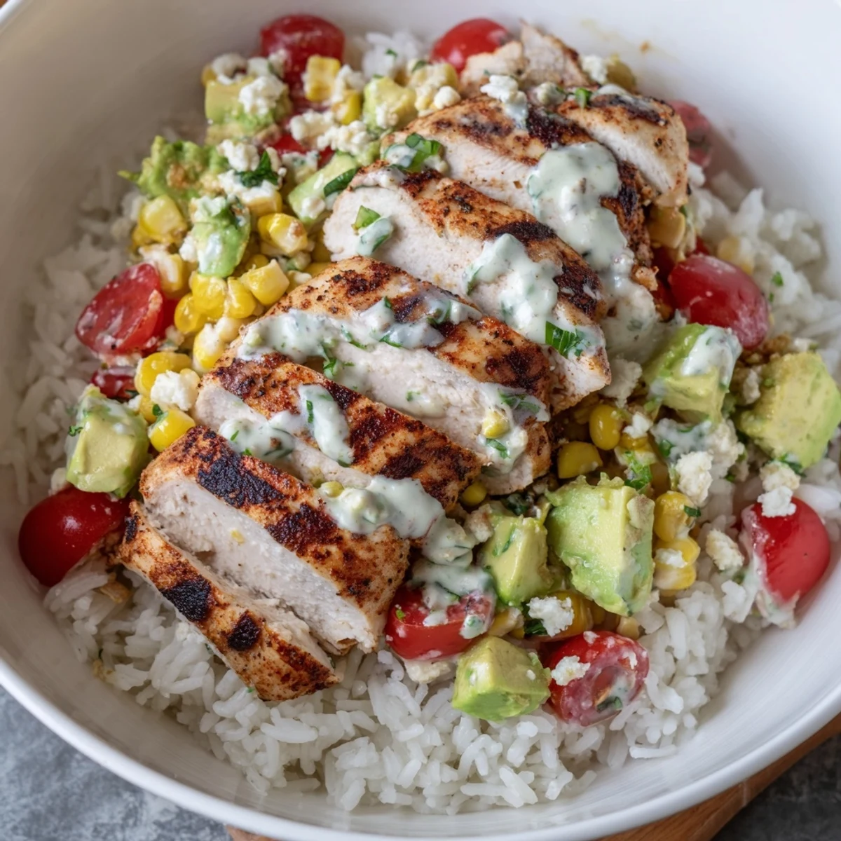 Hearty Mexican-inspired street corn chicken and rice bowls featuring juicy spiced chicken over fluffy white rice
