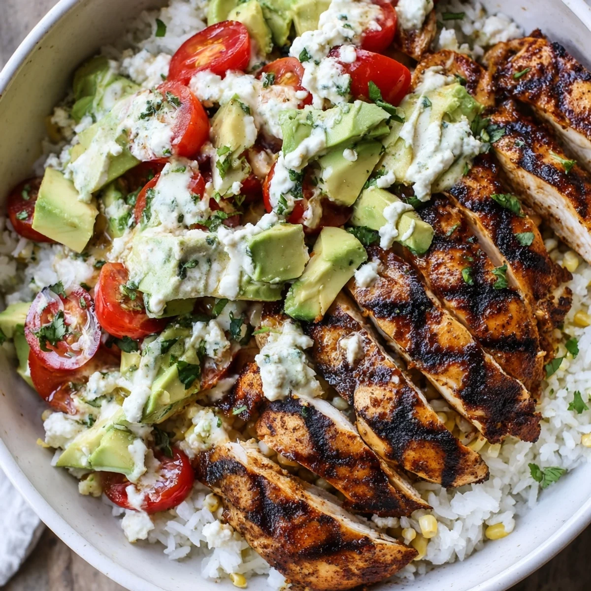 Vibrant layered bowl showcasing sliced chicken, charred street corn mixture, diced avocado, tomatoes, and crumbled cotija cheese