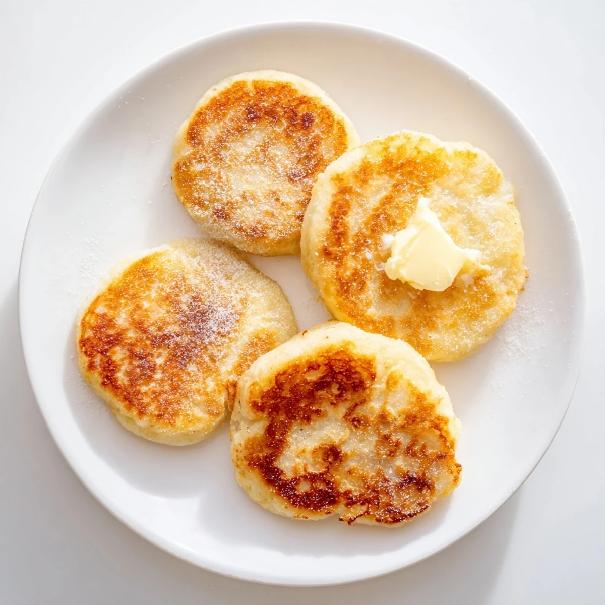 Golden brown Irish potato cakes stacked on a white plate with melted butter pooling on top