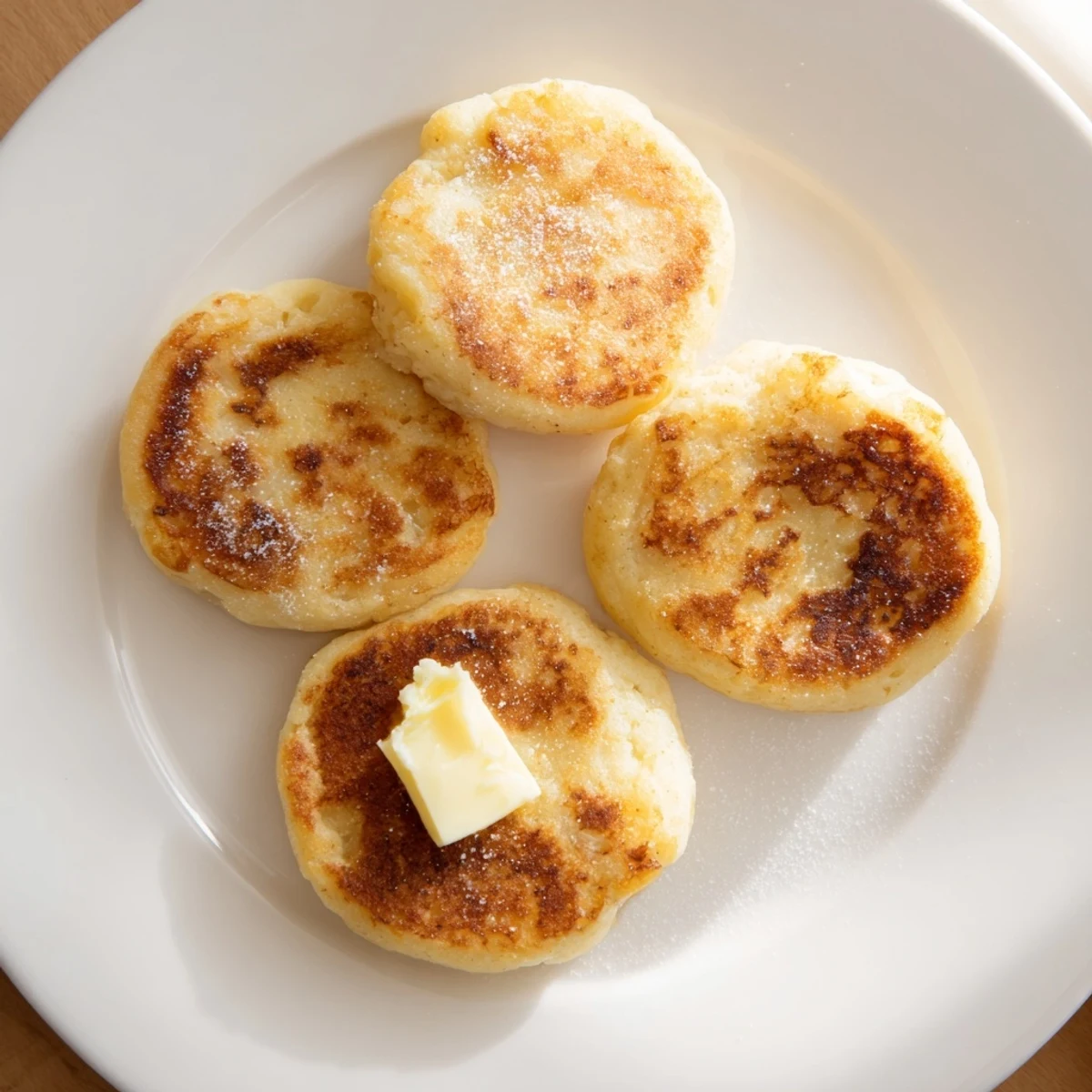 Homemade Irish potato cakes served on a wooden board alongside scrambled eggs and fresh herbs