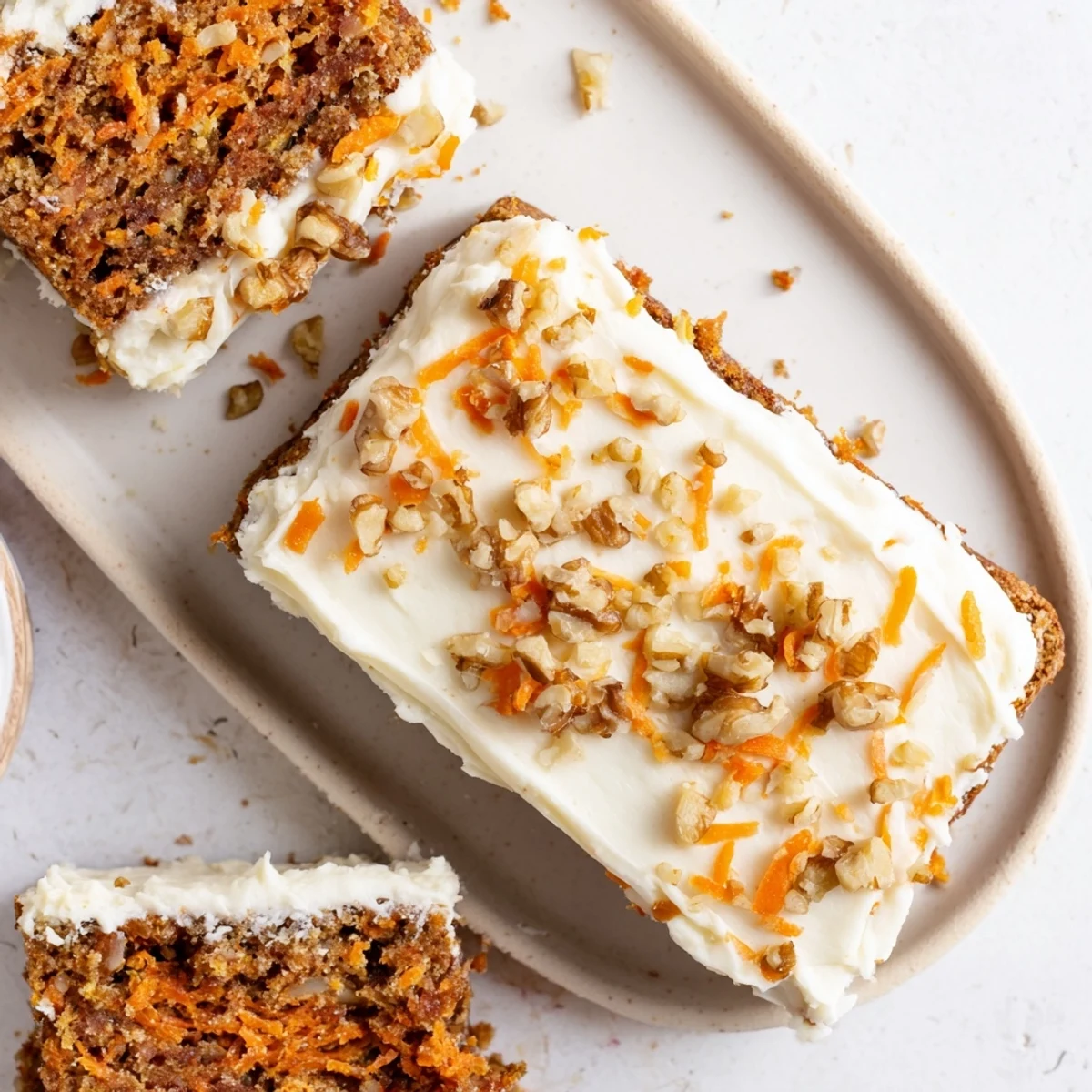 Moist carrot cake squares with luscious cream cheese frosting and grated carrot visible throughout