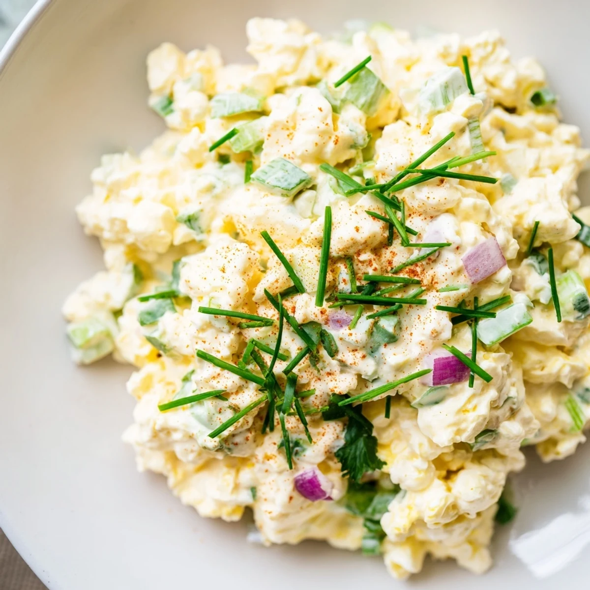 Protein-packed cottage cheese egg salad bowl featuring diced celery and red onion