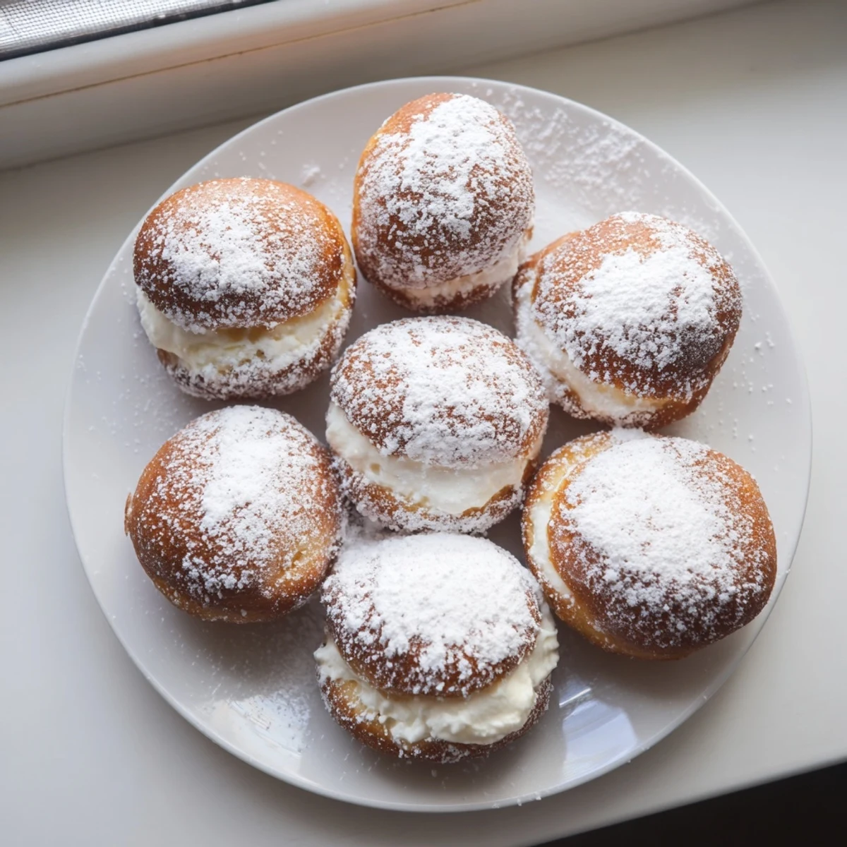 Soft fried donuts filled with sweet milk cream and coated in white powdered sugar