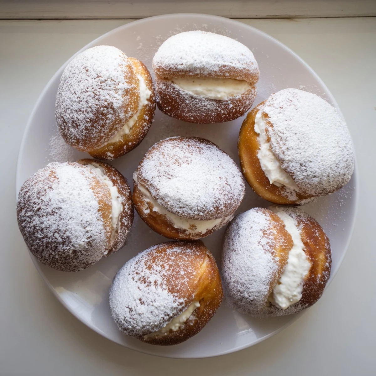 Golden brown Korean milk cream donuts dusted with powdered sugar on a white plate
