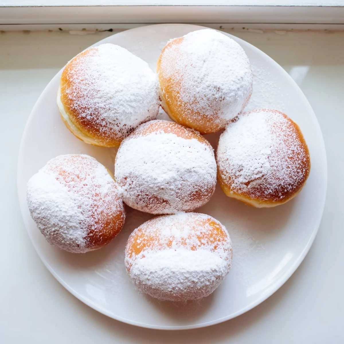 Close-up of pillowy Korean milk cream donuts with cream filling visible on the side