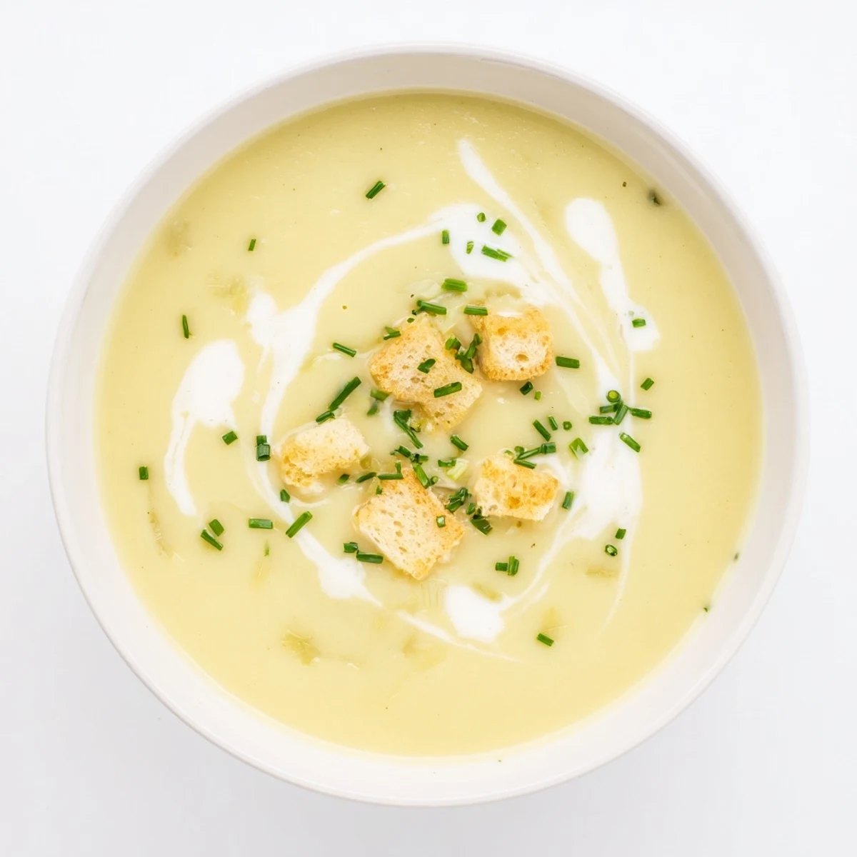 Bowl of creamy potato leek soup garnished with fresh chives and crusty bread