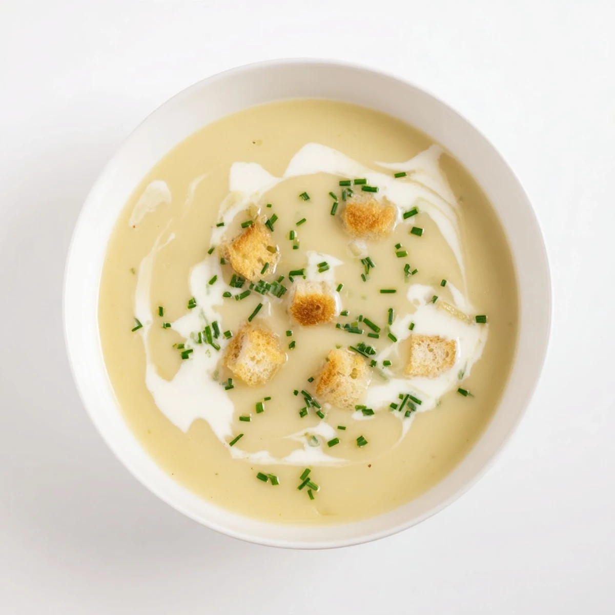 Velvety smooth potato leek soup sprinkled with parsley and crispy croutons on top