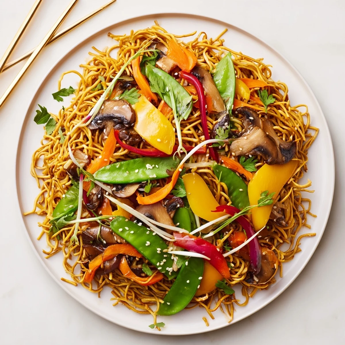 Vibrant vegetable stir-fry with bell peppers and snow peas served over crispy fried noodles