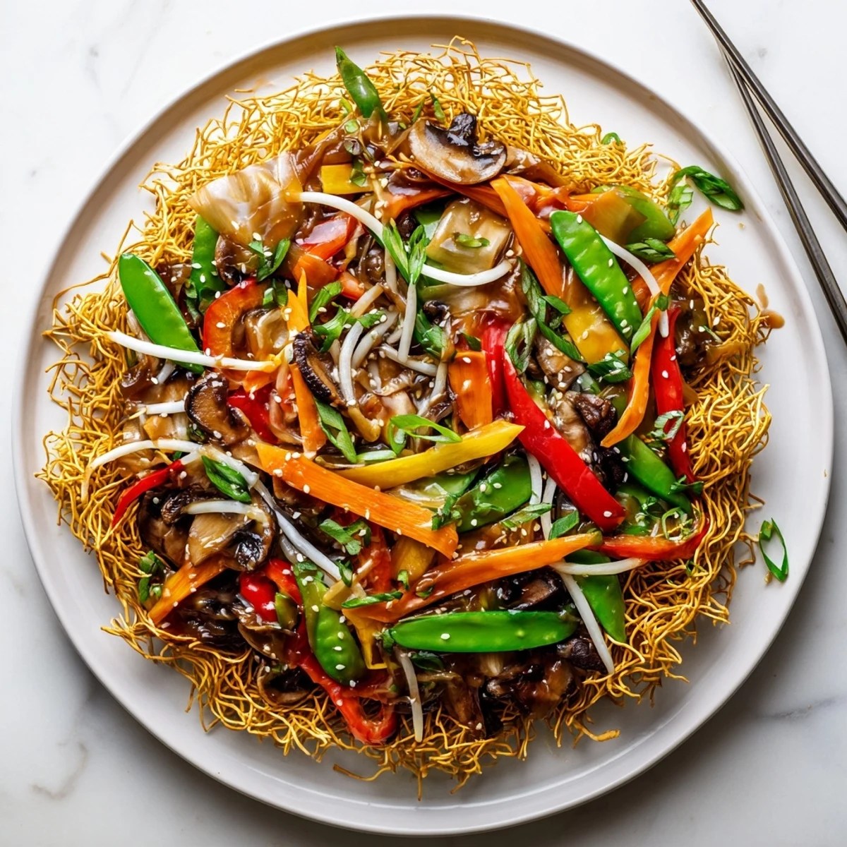 Golden crispy chow mein noodles topped with colorful stir-fried vegetables in savory brown sauce