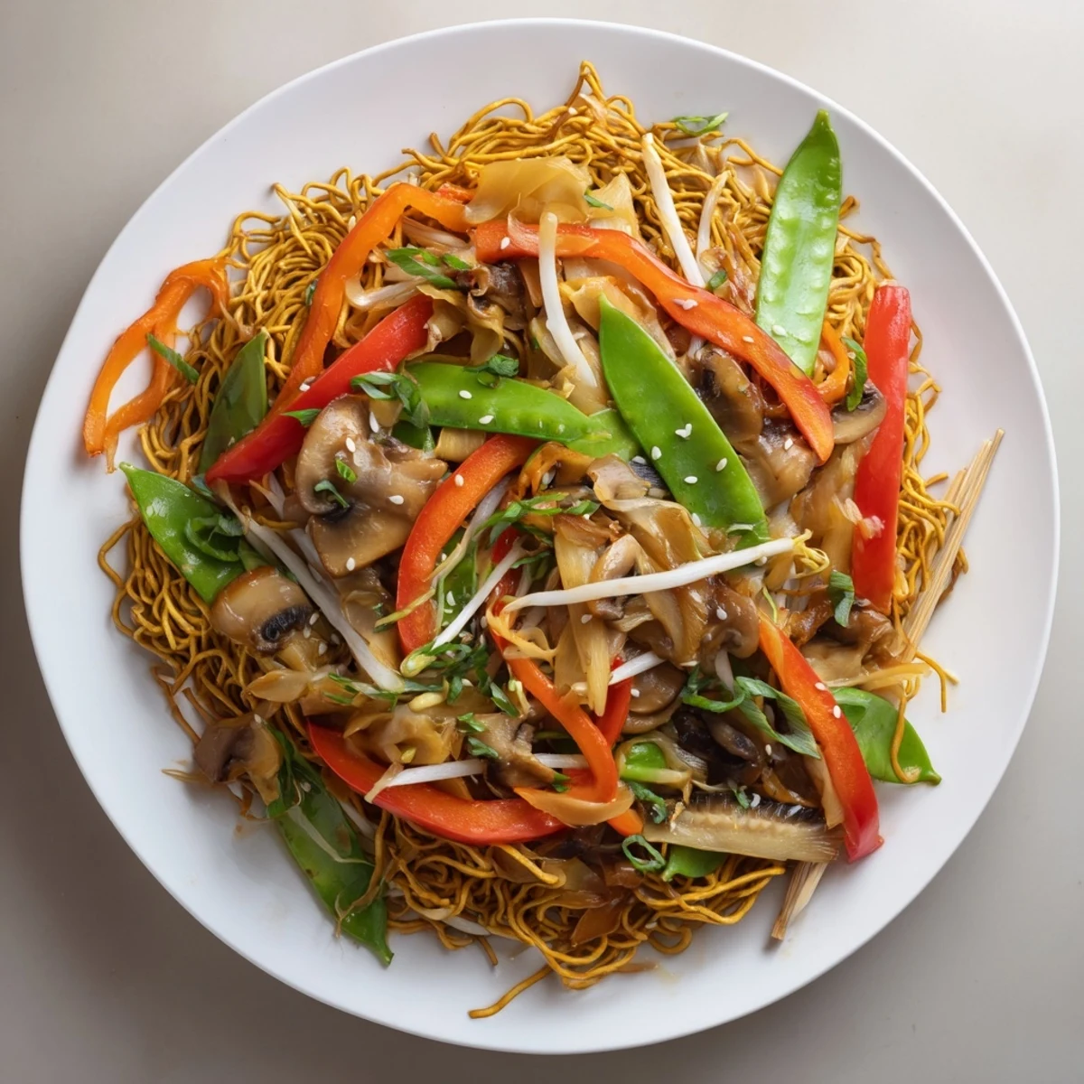 Crispy noodle chow mein dish featuring crunchy textures and tender vegetables in rich glaze