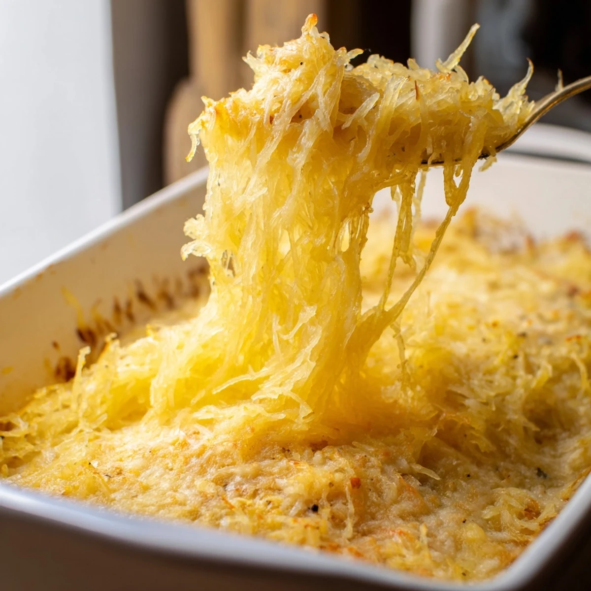 Creamy low-carb spaghetti squash au gratin with tender strands coated in rich cheese sauce and baked to perfection