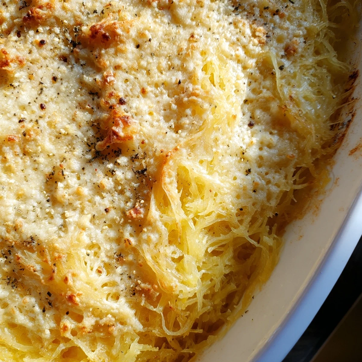 Golden baked spaghetti squash au gratin topped with melted Gruyère and Parmesan cheeses in a bubbling casserole dish