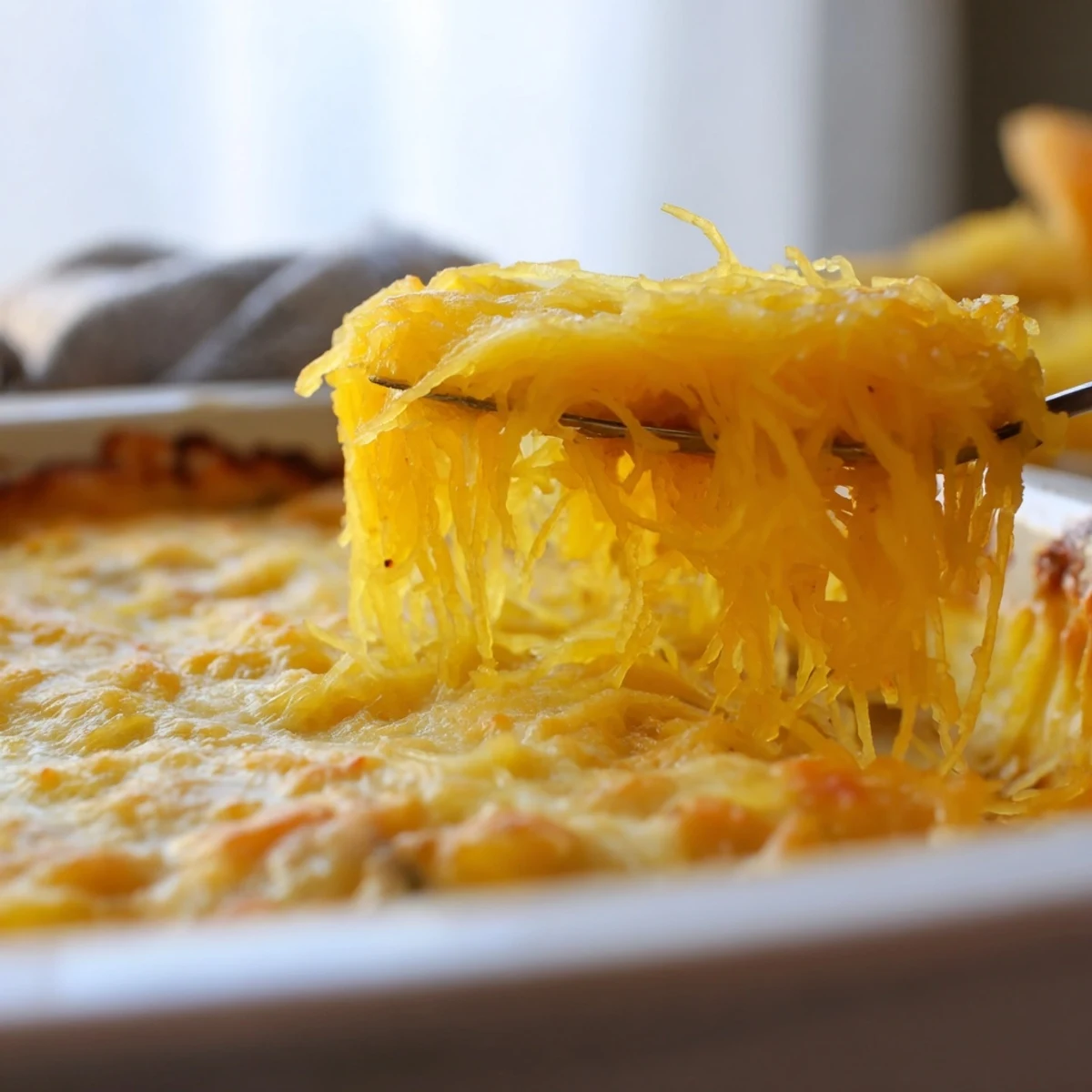 Comforting spaghetti squash au gratin served warm from the oven with golden brown cheese crust and fresh parsley garnish