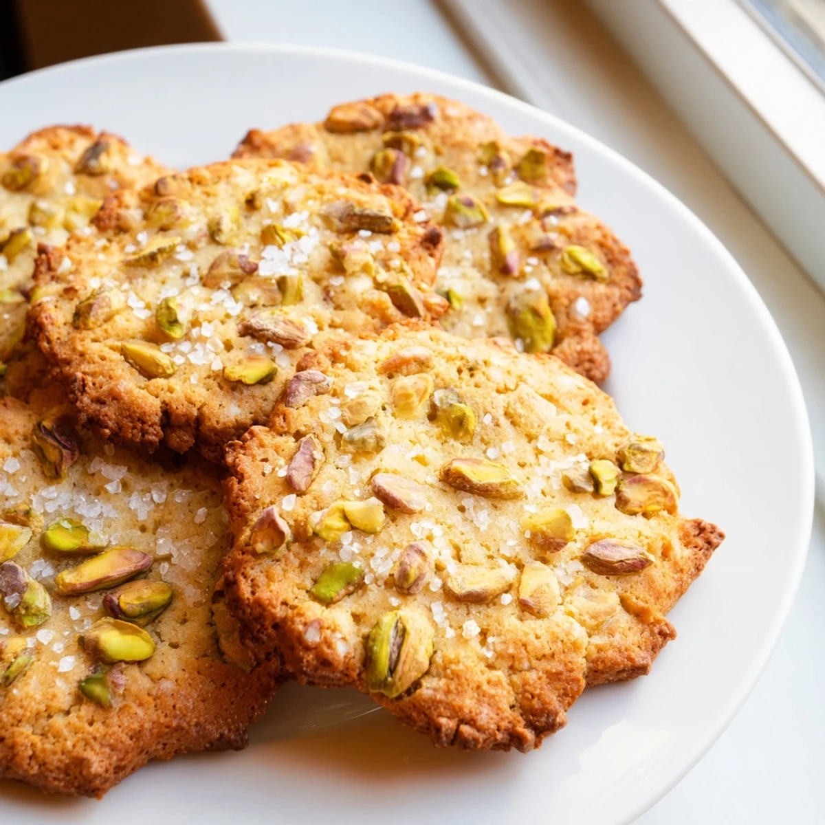 Golden brown salted pistachio cookies topped with sparkling flaky sea salt on a white plate